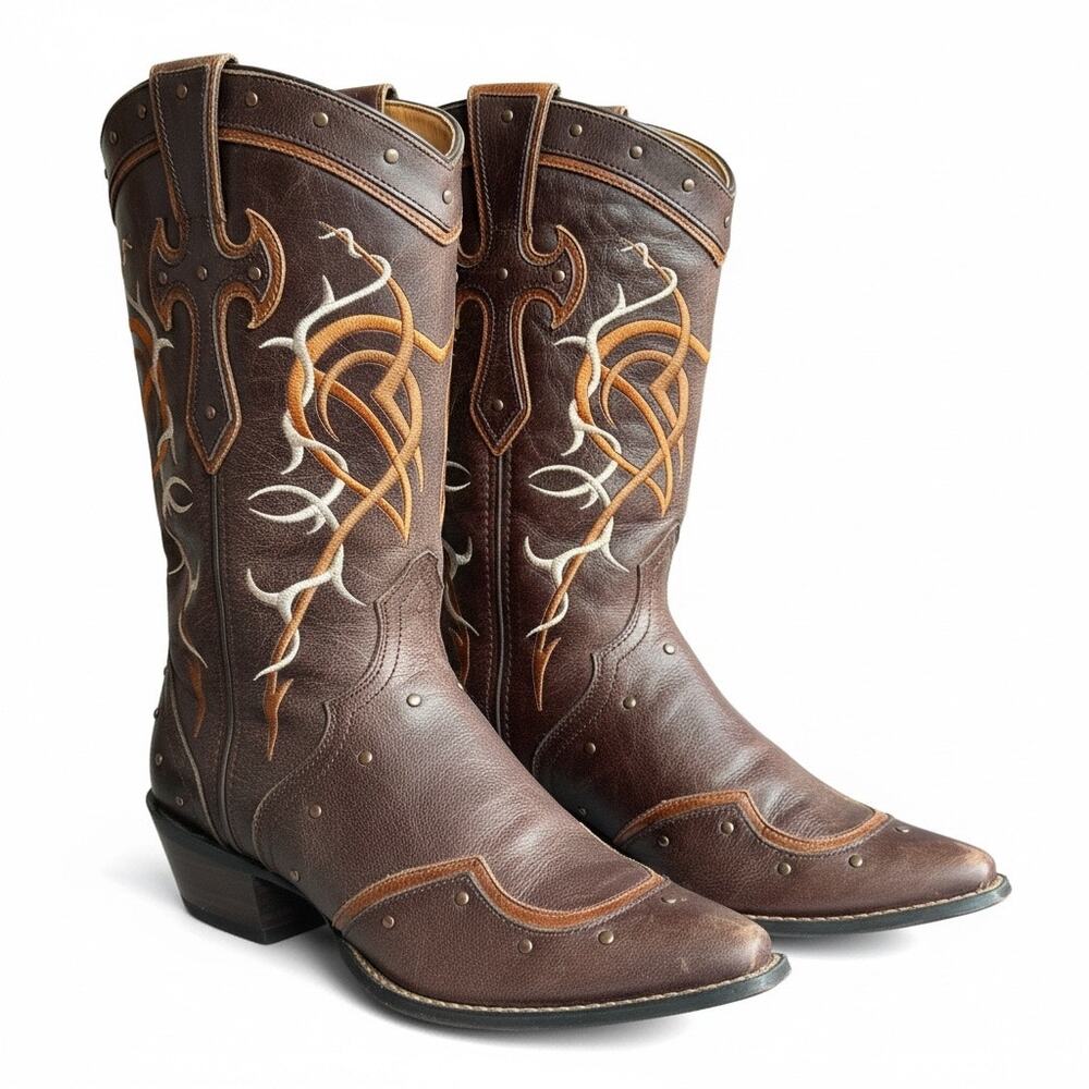 Durango Crush Cowboy Boots Women’s Brown Leather Embroidered‎ w/ Cross 13” - 9.5